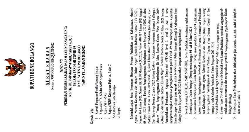 Sekolah di Bonebol Kembali Daring, Edaran Bupati Mulai Berlaku Hari Ini