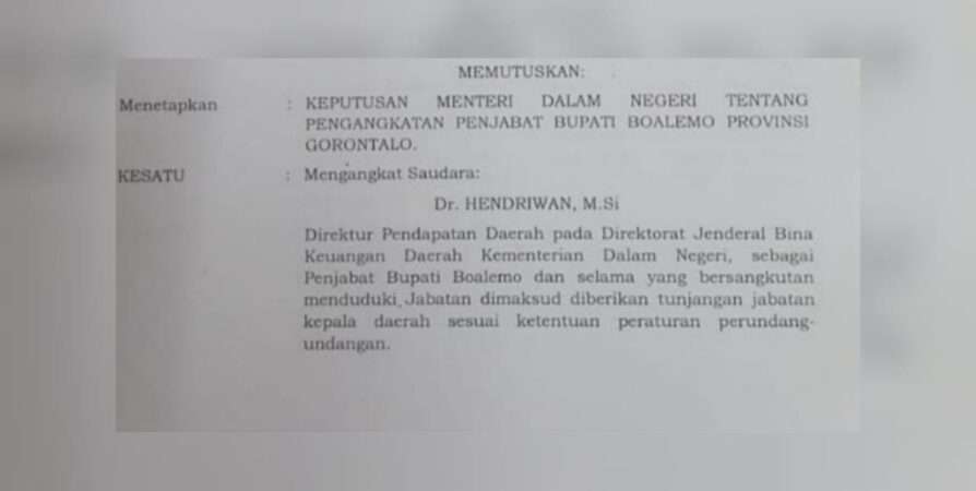 Penjabat Bupati Boalemo, Mendagri Tunjuk Hendriwan