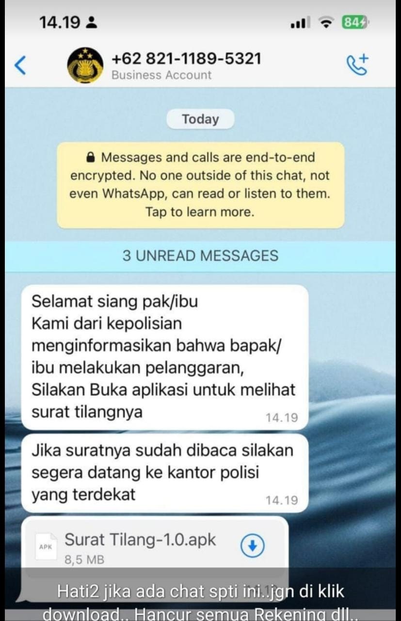 Percakapan via Whatsapp berupa tilang elektronik mengatasnamakan Polri yang kini beredar di media sosial.