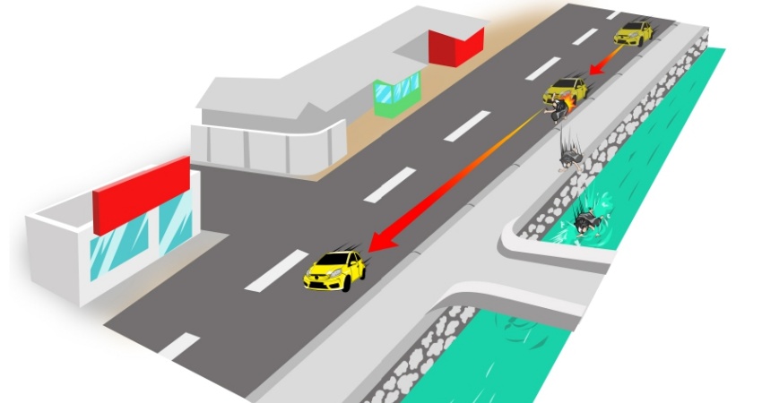 Ilustrasi tabrak lari di ruas Jalan Madura Kelurahan Liluwo Kecamatan Kota Tengah, Ahad (14/3). Korban terpental hingga ke kali dan tewas di lokasi kejadian. (Grafis/Kiyas).