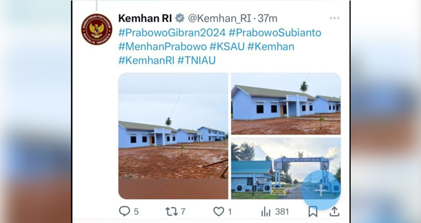 Tangkapan layar unggahan pada akun X (twitter) Kementerian Pertahanan RI, dan mendapat cibiran netizen.