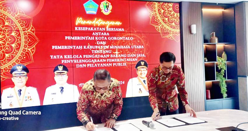 Penandatanganan kerjasama antara Wali Kota Gorontalo, Marten Taha dengan Bupati Minut, Joune Ganda, Senin (5/2/2024).