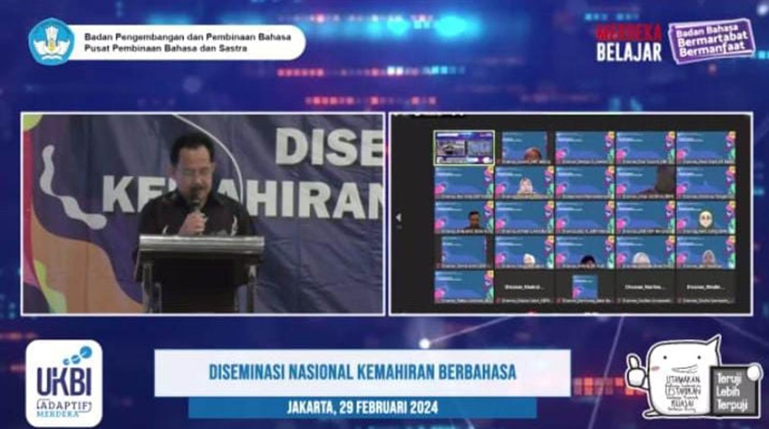 Screenshot kegiatan Diseminasi Nasional Kemahiran Berbahasa Indonesia yang diselenggarakan oleh Badan Pengembangan dan Pembinaan Bahasa (Badan Bahasa), Kementerian Pendidikan, Kebudayaan, Riset, dan Teknologi (Kemendikbud Ristek), di Jakarta Kamis (29/2/2024).