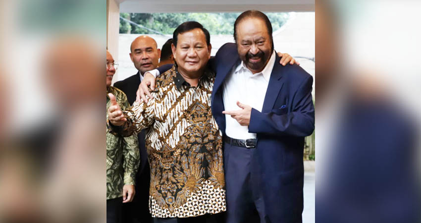 Ketua Umum Partai Gerindra Prabowo Subianto (kiri) dan Ketua Umum Partai NasDem (Kanan) di rumah Kartanegara IV, Kebayoran Baru, Jakarta Selatan, Kamis (25/4/2024) (ANTARA/Walda Marison)