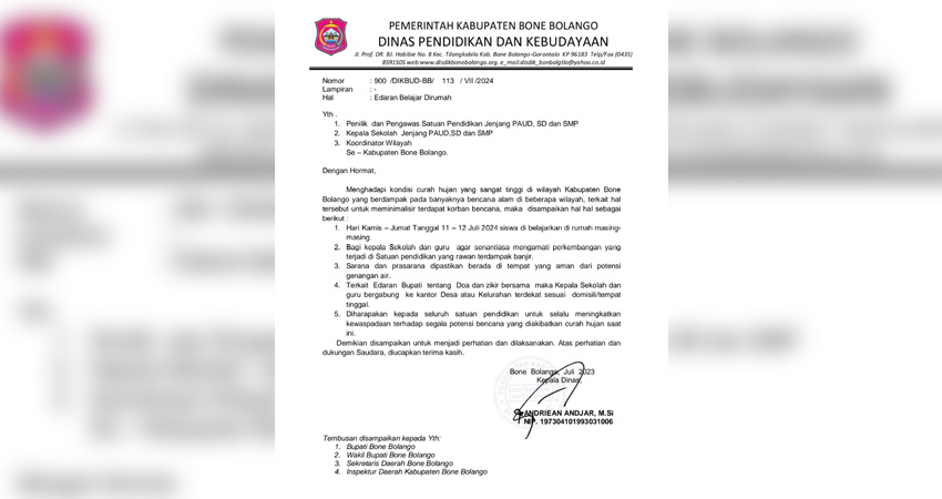 Foto surat edaran dikeluarkan Diknas Bonbol.(Foto tangkapan layar)