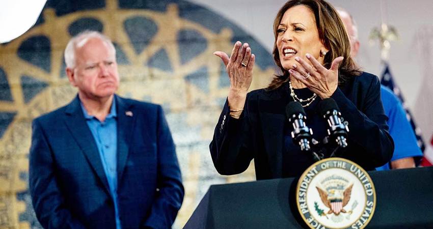 Kandidat Presiden AS dari Partai Demokrat Kamala Harris dan Cawapres Tim Walz saat kampanye di United Auto Workers Local 900 pada 8 Agustus 2024 di Wayne , Michigan, 8 Agustus 2024.-Andrew Harnik-Getty Images-AFP-