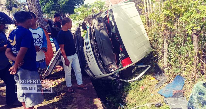 Kondisi mobil Pikup yang mengalami kecelakaan Tunggal, menabrak pohon Selasa (20/8/2024). (F. Jalal Khan/ Gorontalo Post).