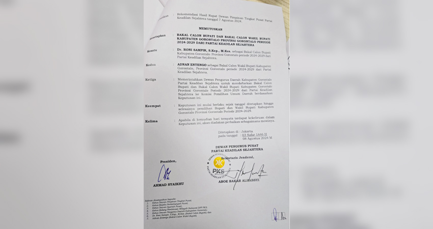 Surat Keputusan DPP PKS yang memutuskan Roni Sampir dan Adnan Entengo diusung oleh PKS di Pilkada Kabupaten Gorontalo tahun 2024.
