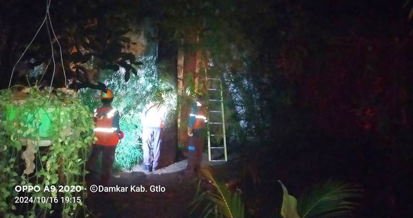 Petugas Damka Kabupaten Gorontalo saat berupaya memadamkan api di pagar belakang rudis Bupati Kabgor, Rabu (14/10/2024) pukul 18.50 Wita.