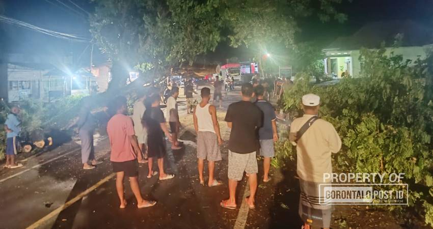 Masyarakat dibantu personel TNI-Polri, melakukan upaya pembersihan batang dan ranting pohon yang sudah menutupi jalan. (F. Zulkifli/ Gorontalo Post)