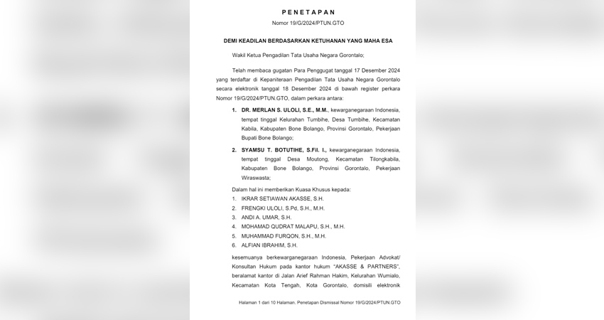 Salinan putusan PTUN Gorontalo yang menolak gugatan Merlan Uloli terkait penetapan calon bupati dan wakil bupati Bone Bolango.