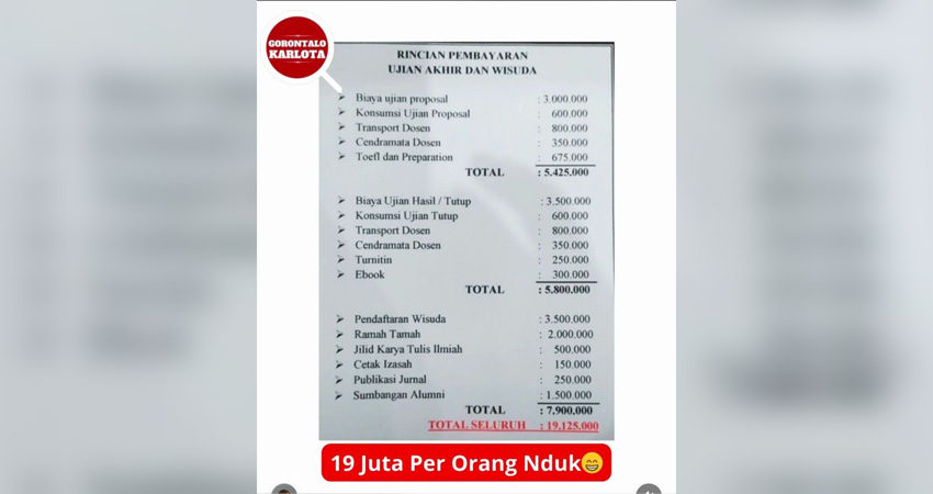 Screenshot postingan viral disalah satu akun di media sosial yang yang memperlihatkan rincian biaya yang harus dibayar mahasiswa (F. Screenshot)