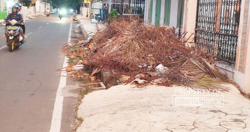 Tumpukan sampah pohon dibiarkan hingga mengering di trotoar Jalan Sutoyo, Kelurahan Biawao, Kecamatan Kota Selatan, Kota Gorontalo. Sampah tersebut sudah beberapa hari ini tak kunjung di angkut oleh dinas terkait. (F. Natha/Gorontalo Post)