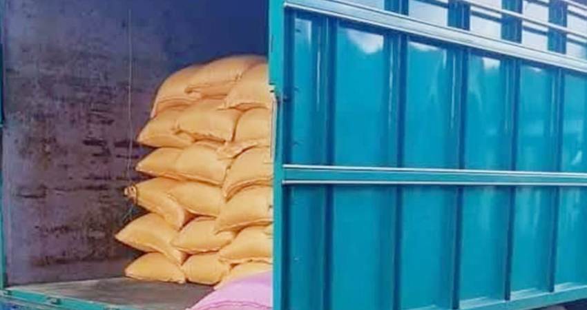 Contoh beras berasal dari Makassar dalam karung kuning. (istimewa)