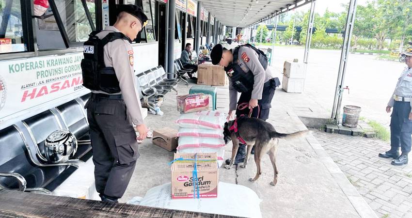 Anggota Samapta Polda Gorontalo mendeteksi barang-barang berbahaya di tempat umum menggunakan anjing pelacak.