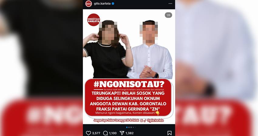 Tangkapan layar ungguhan akun media sosial tentang dugaan perselingkuhan oknum aleg DPRD Kab Gorontalo dari partai Gerindra, inisiql ZN. (Foto : tangkapan layar)
