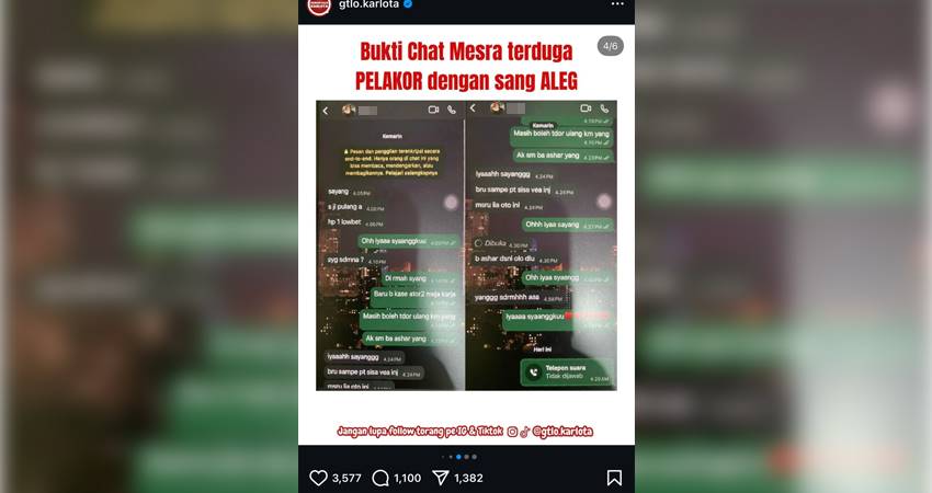 Penggalan chat mesra antara oknum aleg Dekabgor dengan seorang perempuan yang diduga selingkuhannya. (Foto: tangkapan layar)
