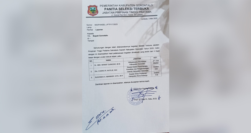 Ini Nama-nama Tiga Calon Sekda Kabupaten Gorontalo yang Diumumkan Pansel