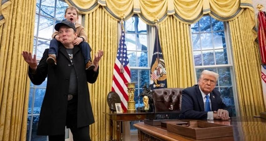 Elon Musk bersama putranya, X Æ A-Xii, dengan Presiden AS Donald Trump saat menandatangani perintah eksekutif pada 11 Februari 2025. Elon Musk mengatakan bahwa ia mengundurkan diri dari posisinya di pemerintahan AS setelah berselisih dengan Trump. --Jim WATSON / AFP