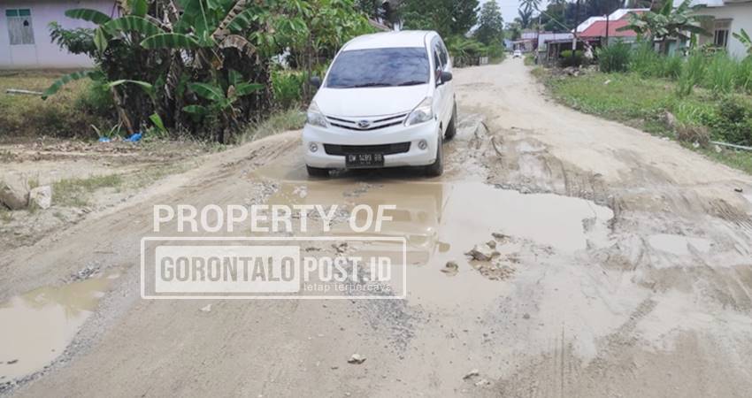 Kondisi jalan rusak di Desa Karya Baru Kecamatan Asparaga Kabupaten Gorontalo yang rusak parah dan butuh perhatian pemerintah untuk dilakukan perbaikan guna kelancaran arus transportasi di wilayah itu. (Foto: Roy Gorontalo Post)