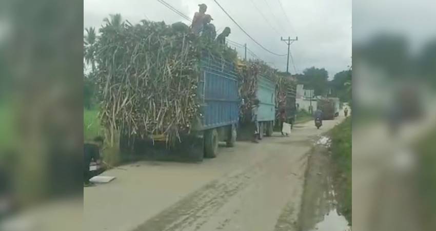 Sejumlah truk pengangkut tebu PT Pabrik Gula Gorontalo yang terhenti di salah satu ruas jalan Desa Karya Baru akibat dihentikan warga dengan menggunakan portal.