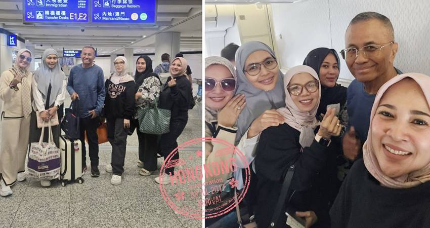 Dahlan Iskan dengan "para emak" backpacker yang sedang transit di Hong Kong. Mereka akan berpetualang ke Tiongkok.--