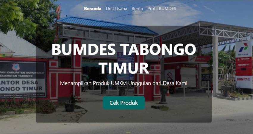 Tampilan website BUMDes Sinar Usaha milik Desa Tabongo Timur.