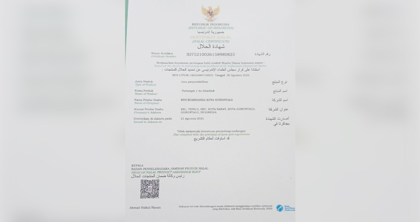 Sertifikat halal UPTD RPH Ruminasia