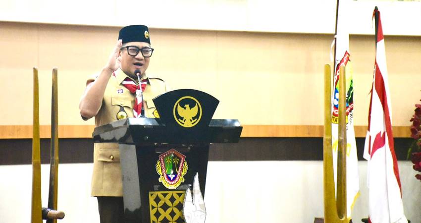 Wakil Wali Kota Gorontalo, Indra Gobel ketika memberikan sambutan pada Muscalub gerakan Pramuka Kota Gorontalo yang berlangsung pada Senin (29/9/2025) di BLY. (Foto: Prokopim)