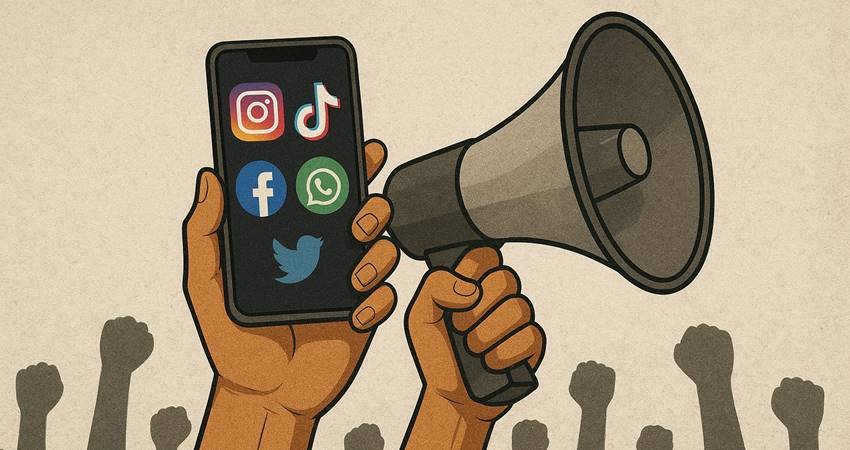 Ilustrasi media sosial kini menjadi "korlap" demo.-Dibuat dengan AI-