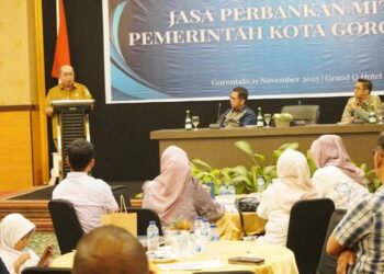 Suasana pelaksanaan kegiatan sosialisasi jasa perbankan bagi mitra Pemerintah Kota Gorontalo dan penguatan kompetensi penyedia PBJ, Selasa (11/11/2025).