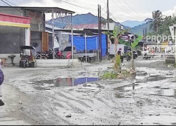 Kondisi ruas jalan Rocky Katili Desa Hulawa, Kecamatan Telaga, Kabupaten Gorontalo, Provinsi Gorontalo, yang rusak parah. Tampak di tengah jalan yang mirip kolam ikan telah ditanami pohon pisang. (Foto: Roy/Gorontalo Post).
