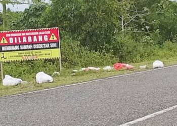 Baliho yang bertuliskan larangan membuang sampah di jalan GORR diabaikan warga. Terbukti di dekat baliho tersebut justru menjadi tempat pembuangan sampah. (Foto: Roy/Gorontalo Post)