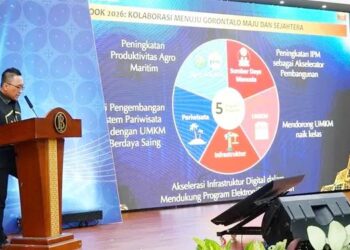 OPTIMIS - Plh Kepala Perwakilan BI Provinsi Gorontalo, Ciptoning Suryo Condro memaparkan optimisme pertumbuhan ekonomi Gorontalo 2026 pada Rapat Tahunan Bank Indonesia, Jumat (28/11). (foto: putra/dok-BI)