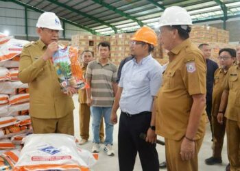 Gubernur Gusnar saat meninjau bantuan benih jagung bisi 18 dari Kementan RI sebanyak 155 ton di gudang penyimpanan PT Charoen Phokphand. (Foto : Bahrian/diskominfotik)