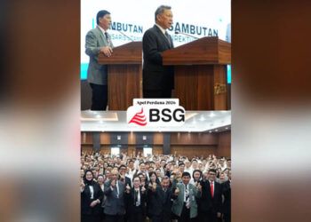 Komisaris Utama BSG, Ramoy Markus Luntungan dan Dirut BSG, Revino M. Pepah tengah memberikan arahan pada apel perdana tahun 2026.