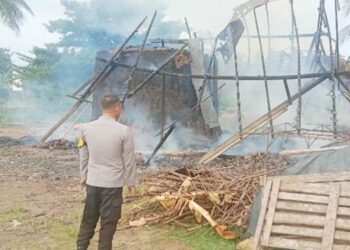 Polsek Tibawa Tangani Kebakaran Tempat Pembakaran Batu Bata Di Desa Botumoputi.
