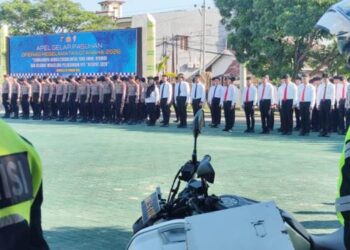 Gelar Pasukan Operasi Keselamatan Otanaha 2026, dilaksanakan pada Senin (2/2) yang diikuti oleh kurang lebih 341 personil gabungan dan jajaran Polres se Gorontalo. (F. Natharahman/ Gorontalo Post)