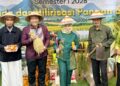 Wagub Idah Syahidah Rusli Habibie bersama pimpinan BI Gorontalo, dan pelaku usaha pertanian pada stand pameran ketahanan pangan disela Rakorwil Sulampua terkait Swasembada Pangan yang digelar Bank Indonesia, Senin (11/2). (Foto : Jitro paputungan / gorontalo post)