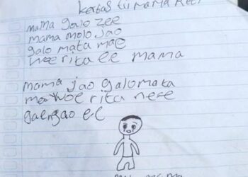 PILU- Secarik kertas berisi pesan perpisahan dari siswa SD di Kabupaten Ngada, NTT, kepada ibunya, sebelum ditemukan meninggal dunia. (foto: istimewa)