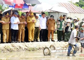MENUJU PANAS: Gubernur Gusnar Ismail menyaksikan penanaman pada lahan yang akan dijadikan lokasi Gelar Teknologi Pertanian di Limboto, Kabupaten Gorontalo, Senin (30/3). (foto: haris-diskominfotik)