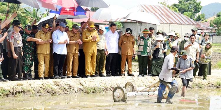 MENUJU PANAS: Gubernur Gusnar Ismail menyaksikan penanaman pada lahan yang akan dijadikan lokasi Gelar Teknologi Pertanian di Limboto, Kabupaten Gorontalo, Senin (30/3). (foto: haris-diskominfotik)