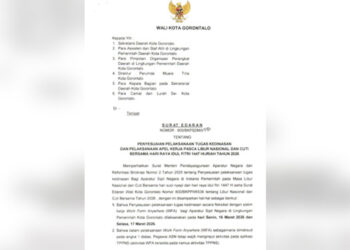 Surat edaran Wali Kota Gorontalo Nomor 800/BKPSDM/I/581 yang mengatur pola pelaksanaan tugas kedinasan sekaligus jadwal apel kerja pasca libur Lebaran.